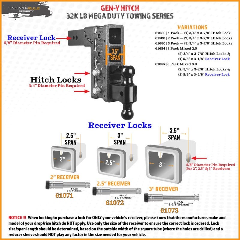 InfiniteRule Security 61680 | 3 Pack, Keyed Alike, Hitch Locks for Gen-Y Hitch Mega Duty 32K LB Series - Fits Adjustable Ball Mount Only - Does NOT FIT Vehicle Receiver - Image 2